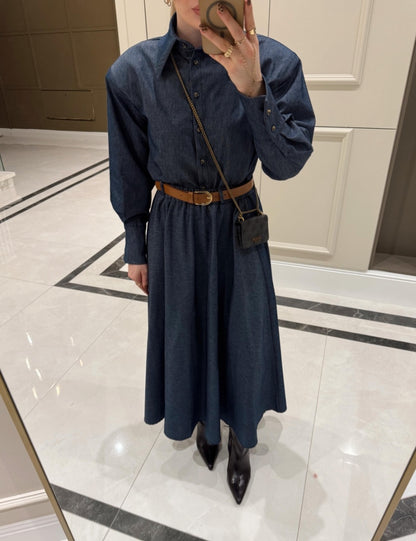 Padded shoulder shirt with belted skirt co-ord jeans set