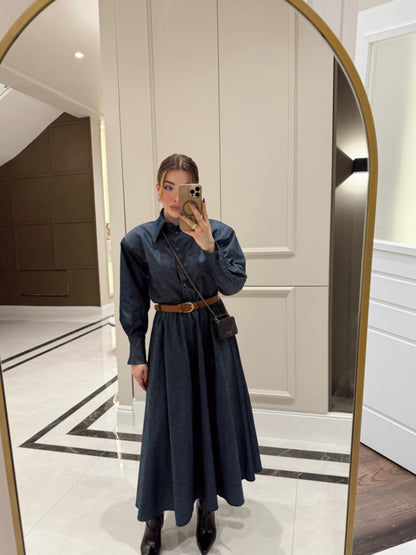 Padded shoulder shirt with belted skirt co-ord jeans set