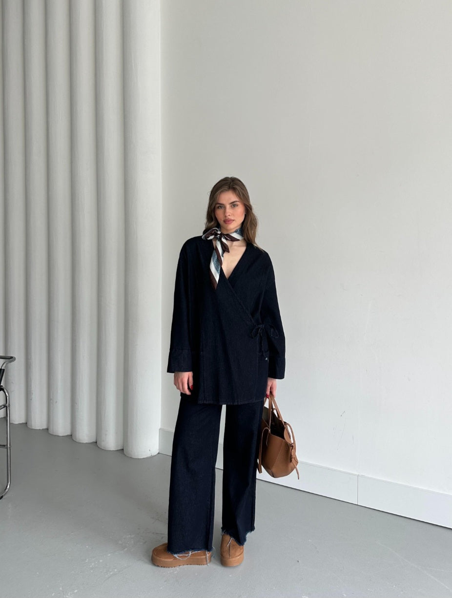 Double-breasted kimono jeans co-ord set