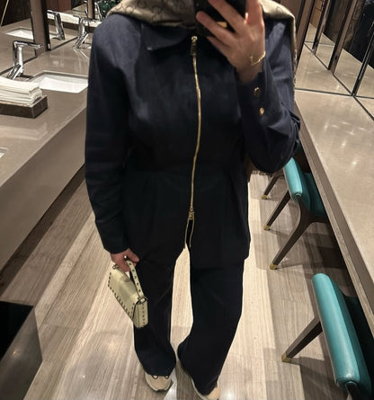 Gold zipper denim jacket, straight trouser co-ord set