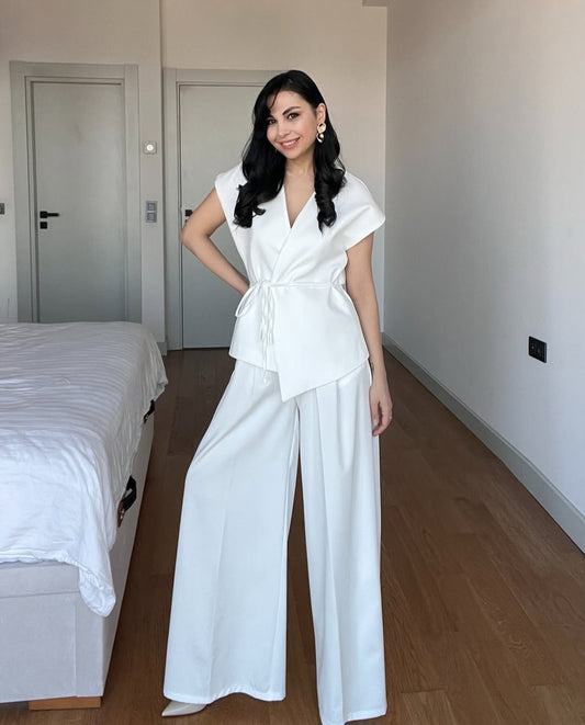 wrap belted vest with wide-leg trousers