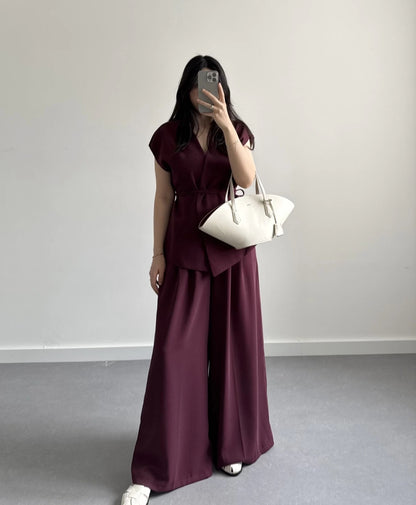 wrap belted vest with wide-leg trousers