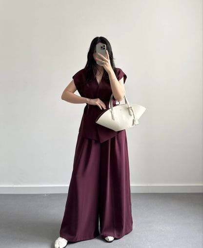wrap belted vest with wide-leg trousers