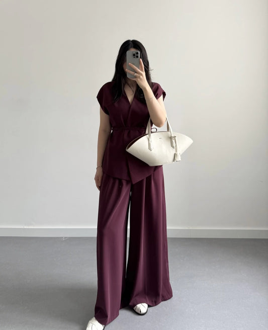 wrap belted vest with wide-leg trousers