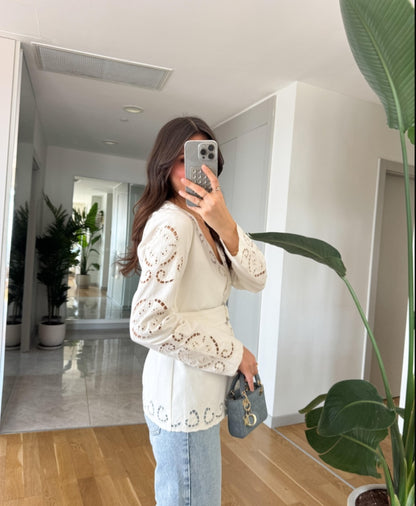 Belted Jacket with openwork embroidery
