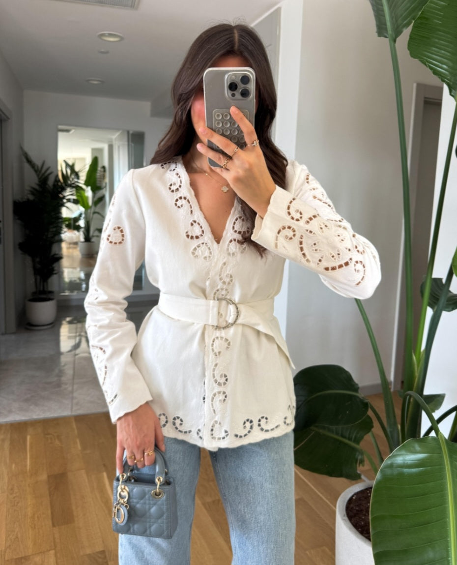 Belted Jacket with openwork embroidery