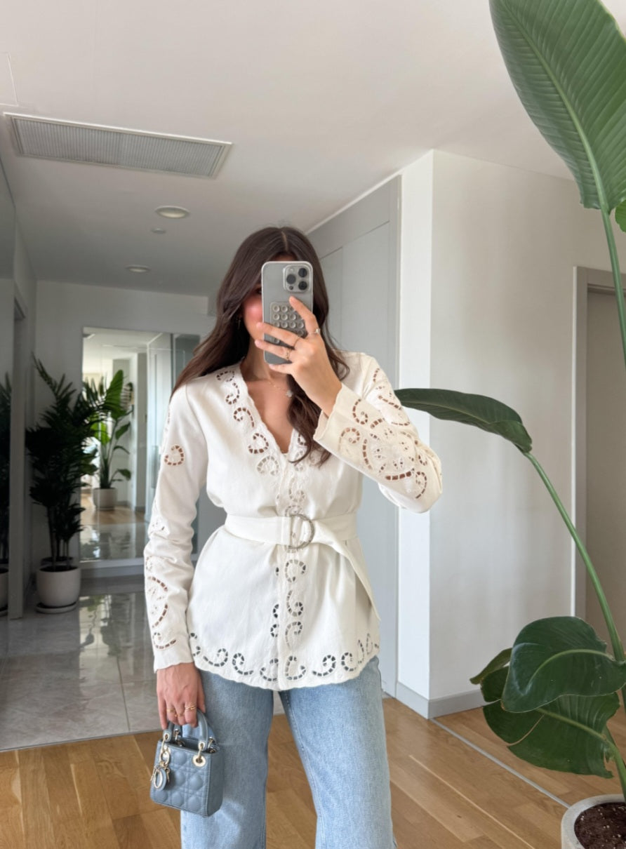 Belted Jacket with openwork embroidery