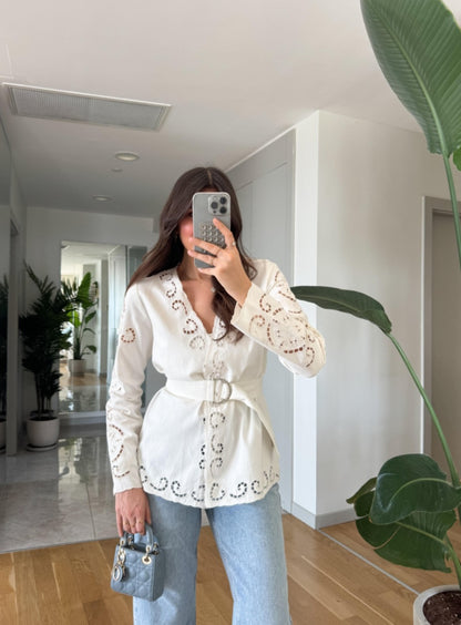 Belted Jacket with openwork embroidery