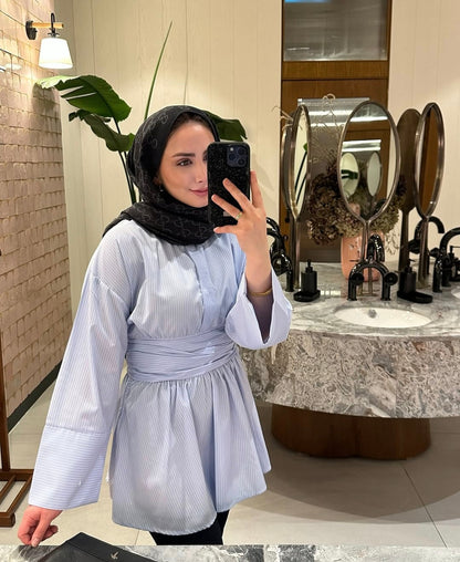 Wide sleeve belted striped shirt