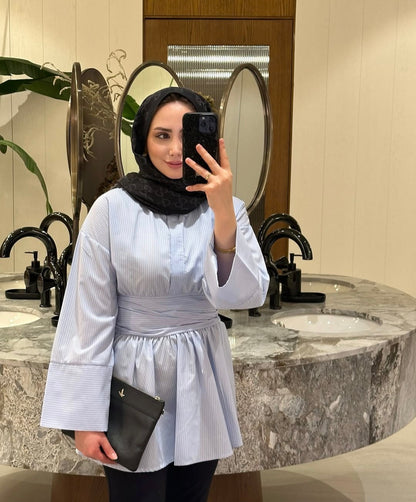 Wide sleeve belted striped shirt
