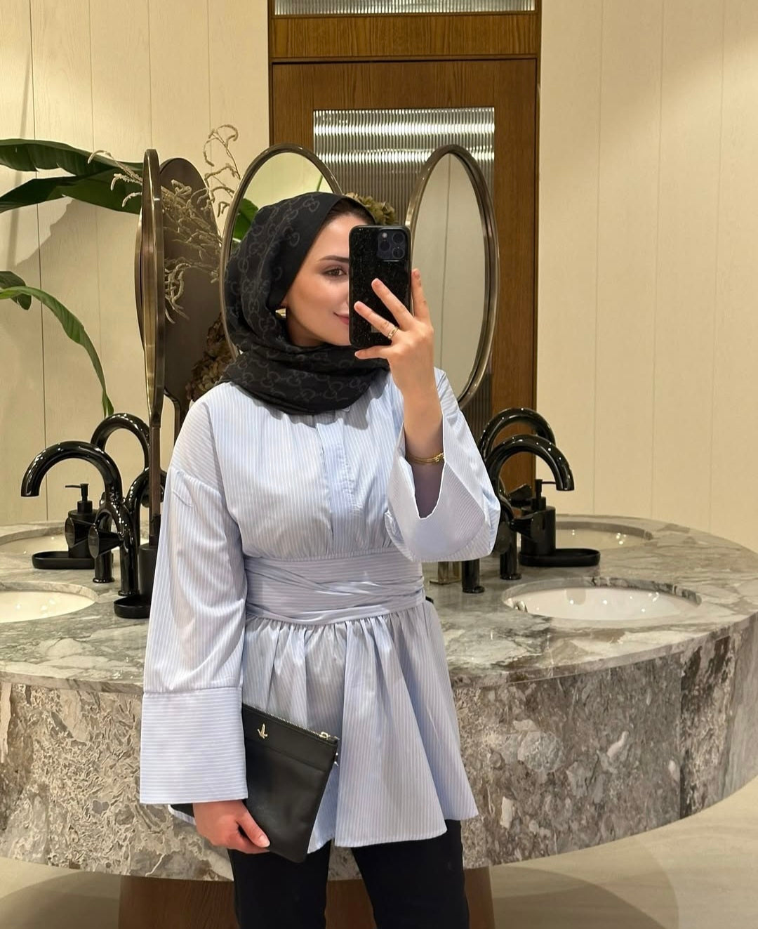 Wide sleeve belted striped shirt