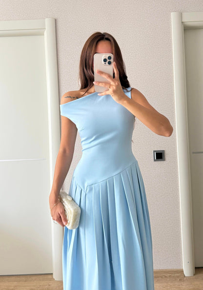 Asymmetric Collar pleated dress - blue