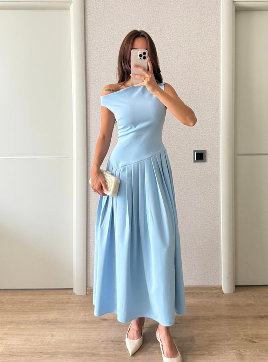 Asymmetric Collar pleated dress - blue
