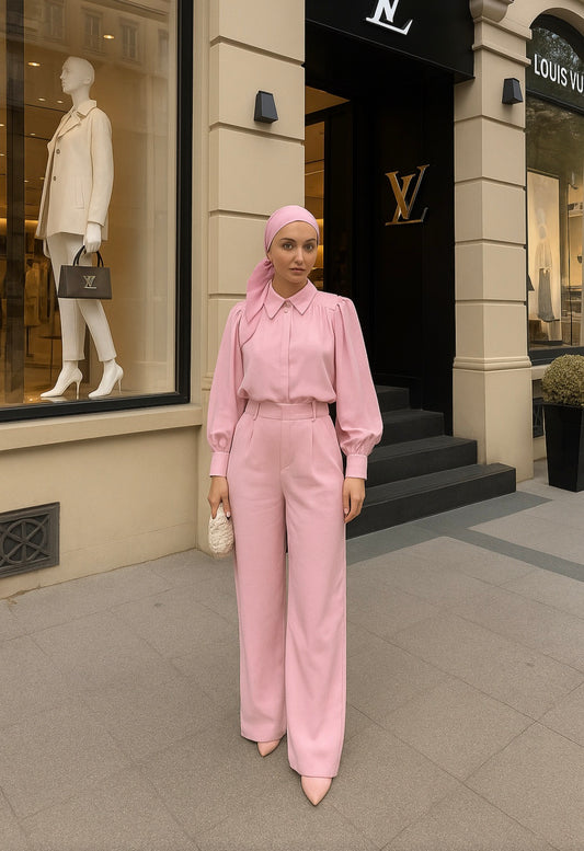 Oversized puff shoulder shirt and wide pants