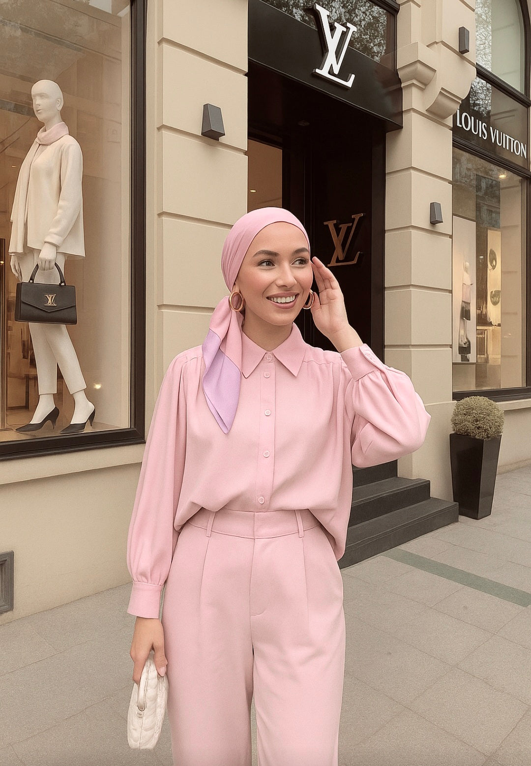 Oversized puff shoulder shirt and wide pants