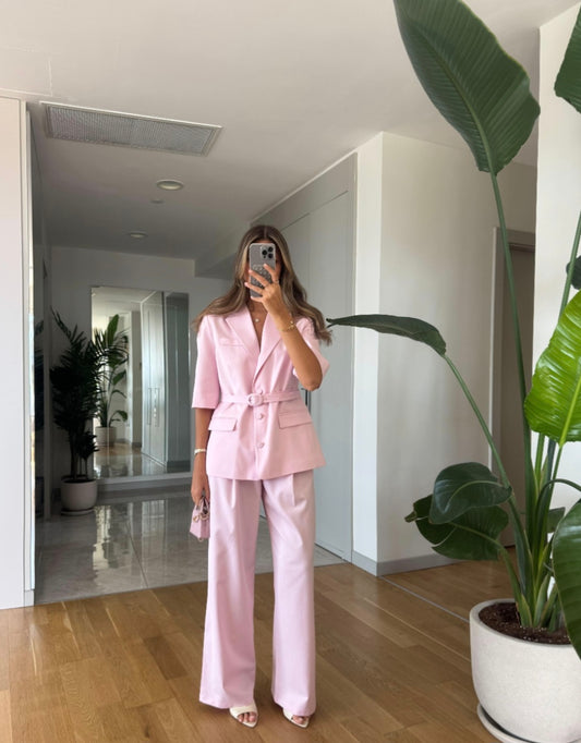 Short sleeve belted blazer, straight leg trouser suit