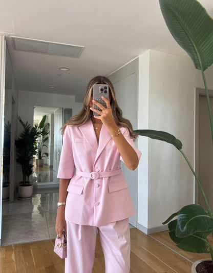 Short sleeve belted blazer, straight leg trouser suit