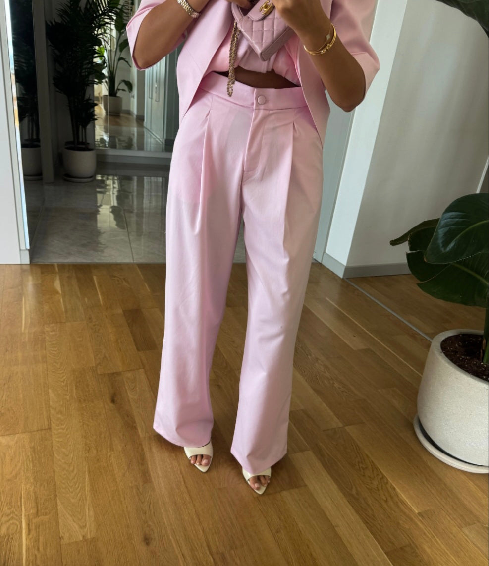 Short sleeve belted blazer, straight leg trouser suit