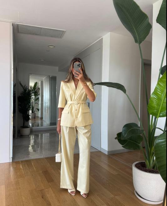 Short sleeve belted blazer, straight leg trouser suit