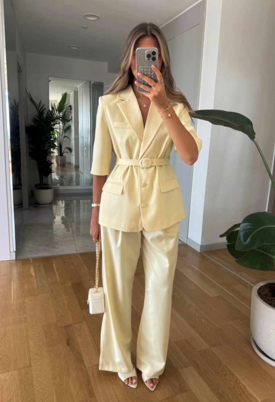 Short sleeve belted blazer, straight leg trouser suit