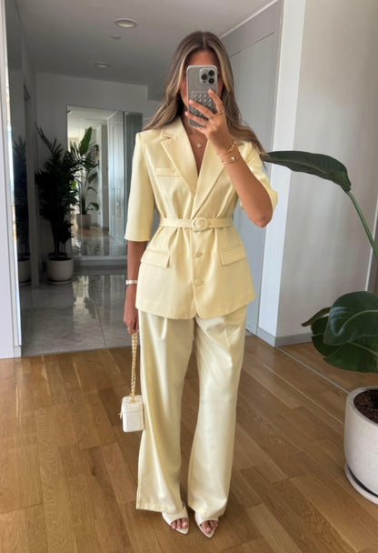 Short sleeve belted blazer, straight leg trouser suit