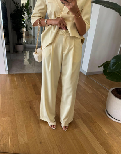 Short sleeve belted blazer, straight leg trouser suit