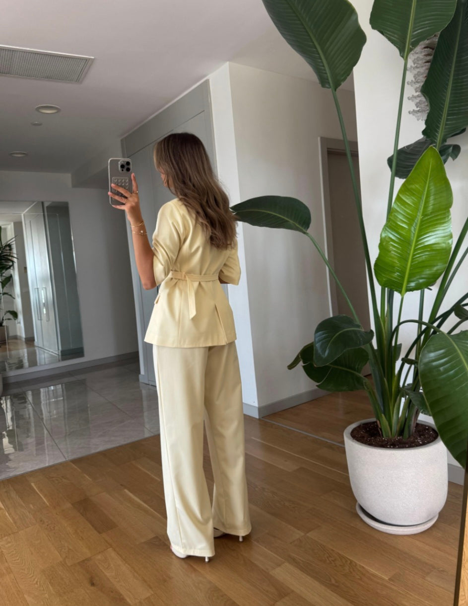Short sleeve belted blazer, straight leg trouser suit