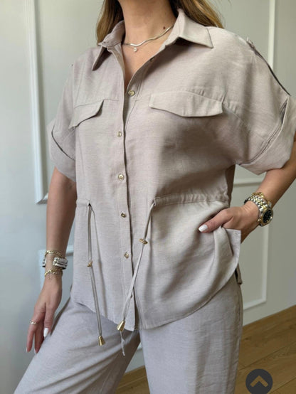 Gold buttons belted shirt, wide leg trouser co-ord set