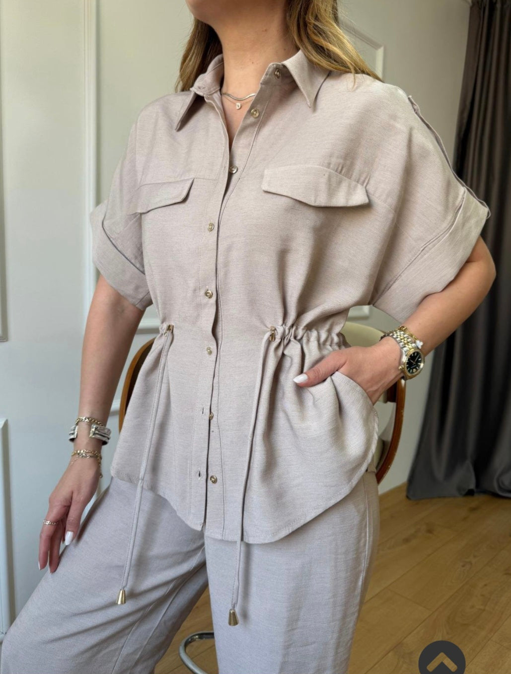 Gold buttons belted shirt, wide leg trouser co-ord set