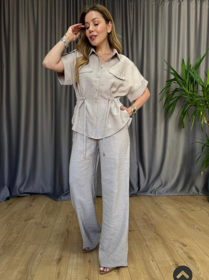 Gold buttons belted shirt, wide leg trouser co-ord set