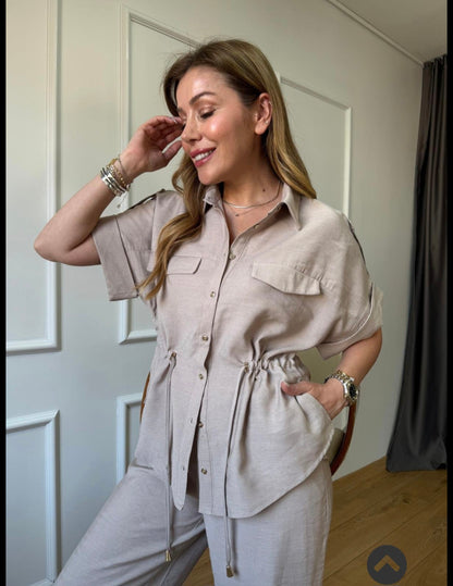 Gold buttons belted shirt, wide leg trouser co-ord set