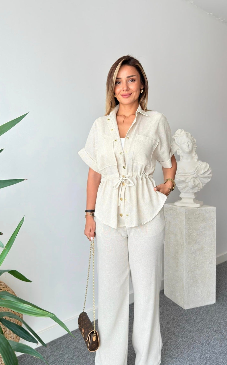 Gold buttons belted shirt co-ord set