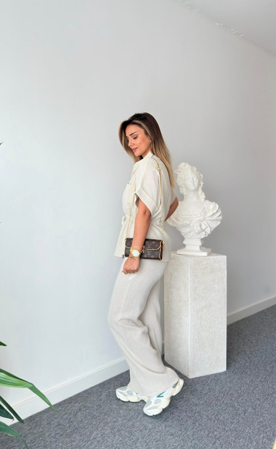 Gold buttons belted shirt co-ord set