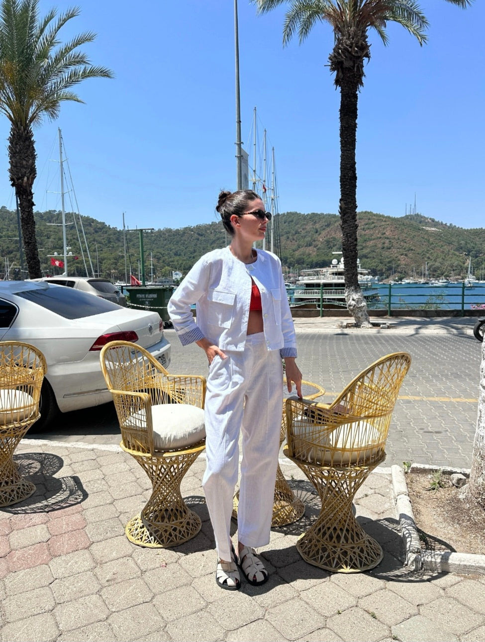 ZR model linen jacket with striped sleeve lining,mom fit trouser co-ord set