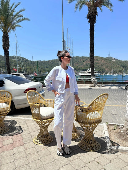 ZR model linen jacket with striped sleeve lining,mom fit trouser co-ord set