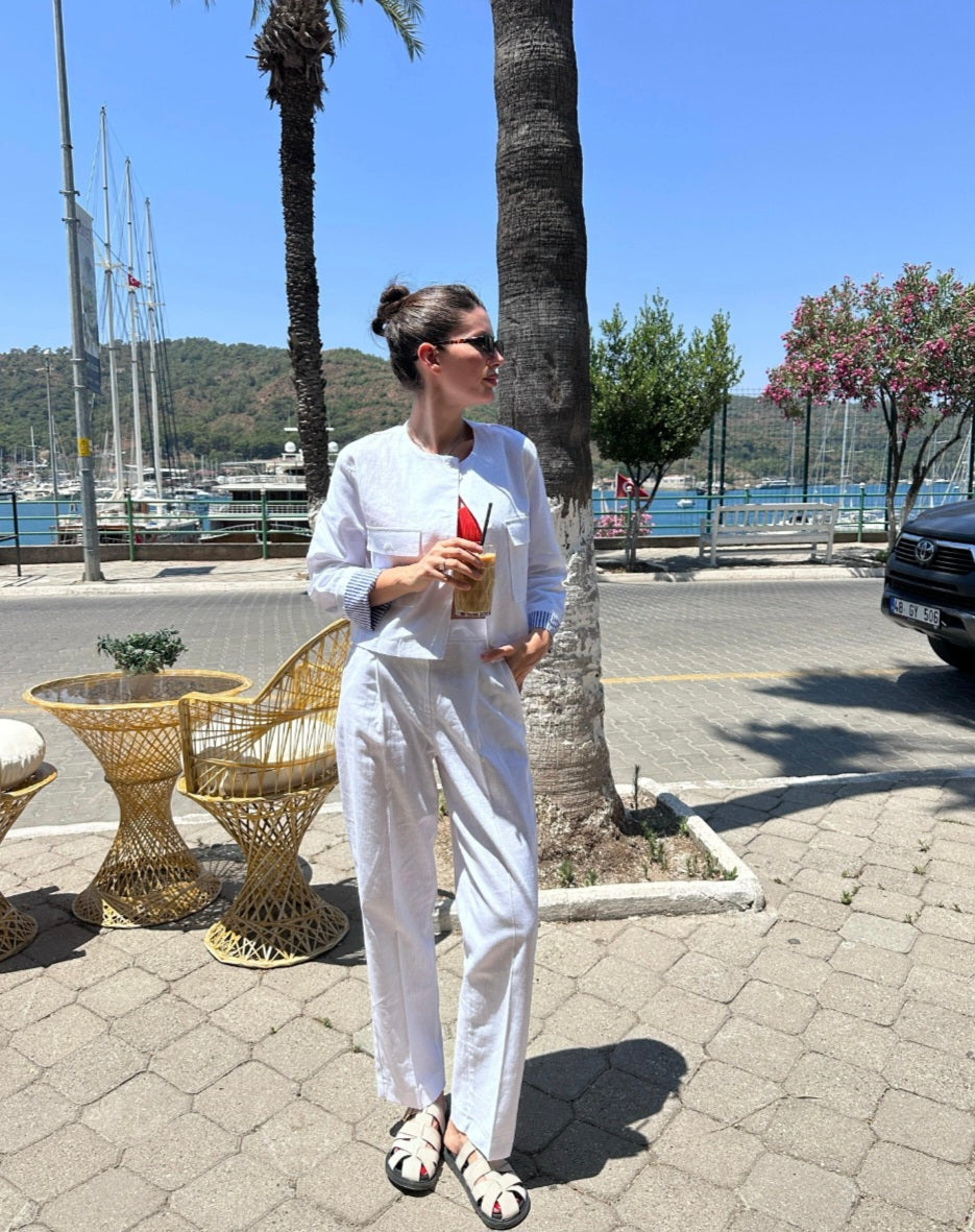 ZR model linen jacket with striped sleeve lining,mom fit trouser co-ord set