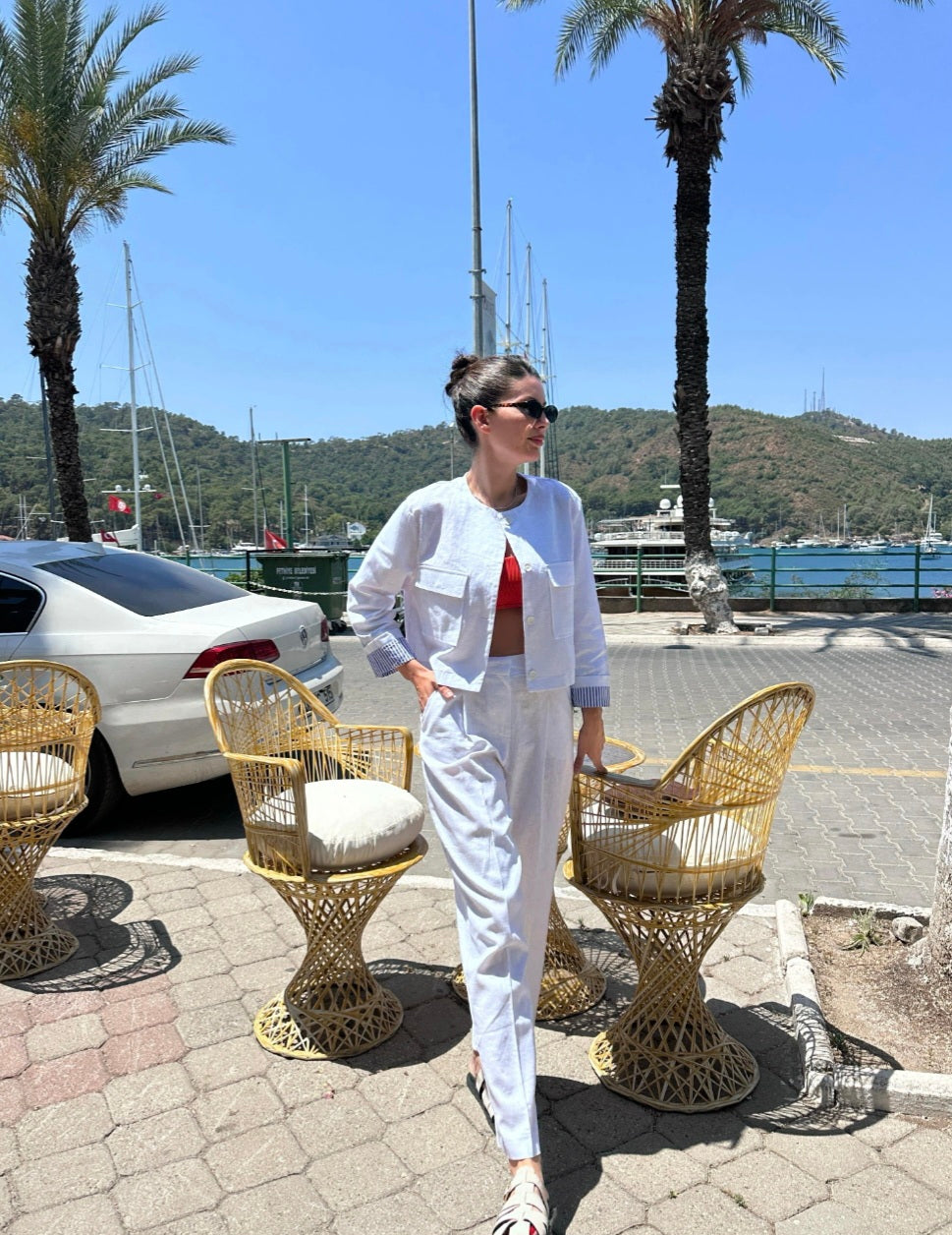 ZR model linen jacket with striped sleeve lining,mom fit trouser co-ord set