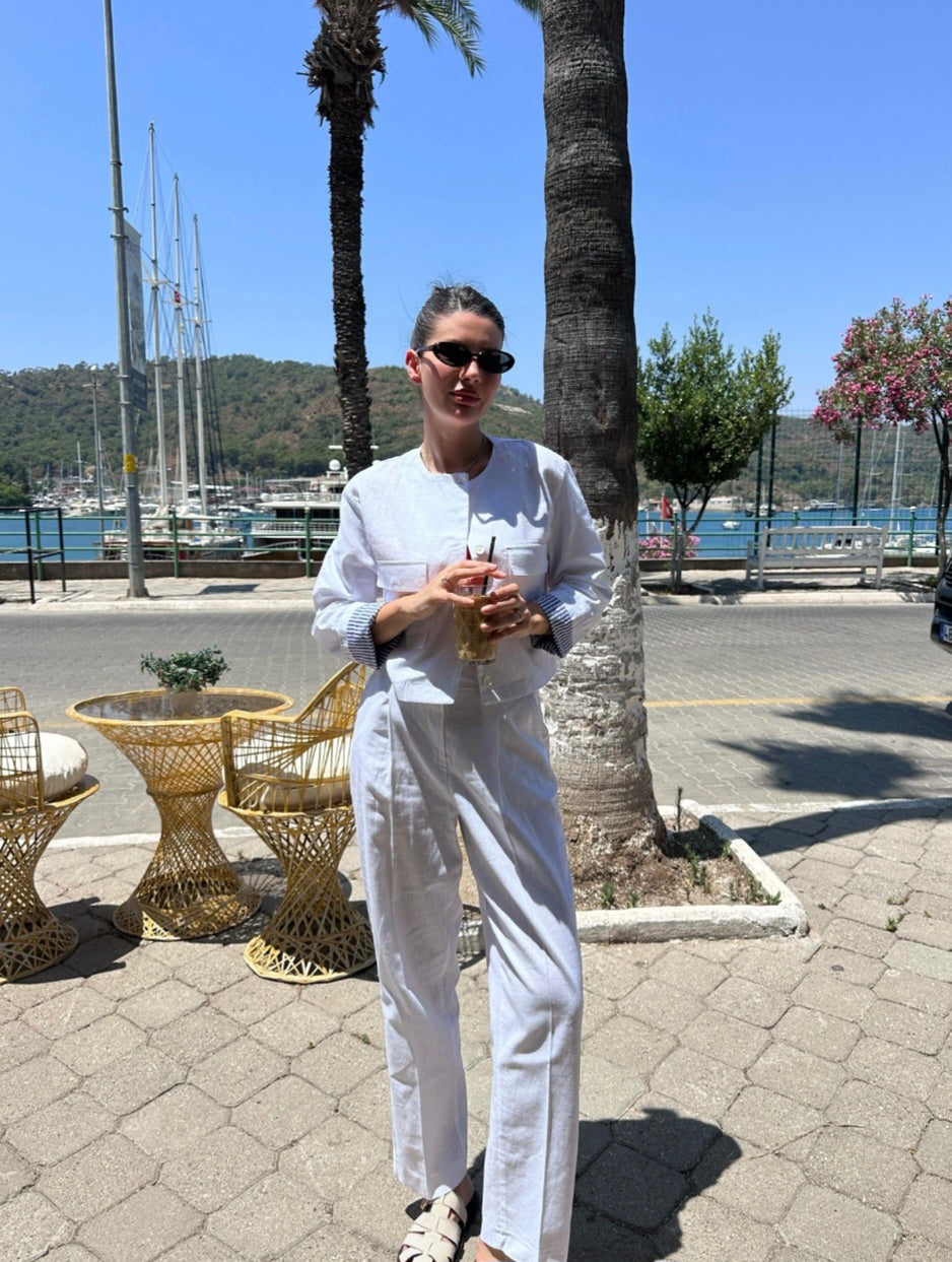 ZR model linen jacket with striped sleeve lining,mom fit trouser co-ord set