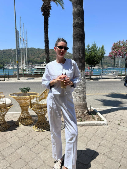 ZR model linen jacket with striped sleeve lining,mom fit trouser co-ord set