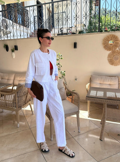 ZR model linen jacket with striped sleeve lining,mom fit trouser co-ord set
