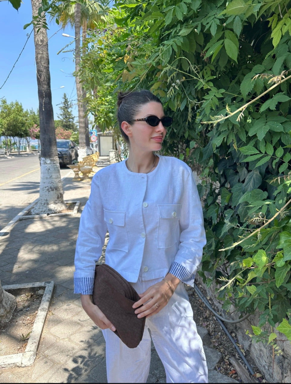 ZR model linen jacket with striped sleeve lining,mom fit trouser co-ord set