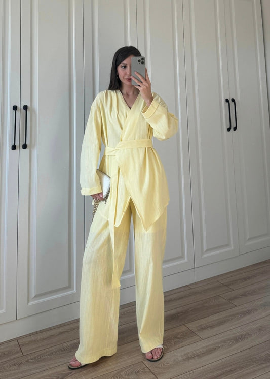 Linen belted wrap jacket co-ord set