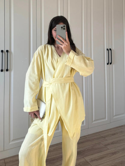 Linen belted wrap jacket co-ord set