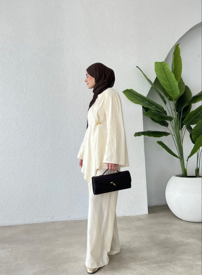 Brooch Waist Detailed Linen Suit