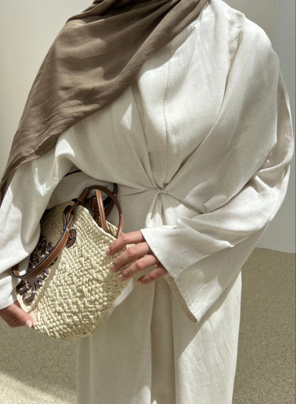 Wide sleeve belted linen dress