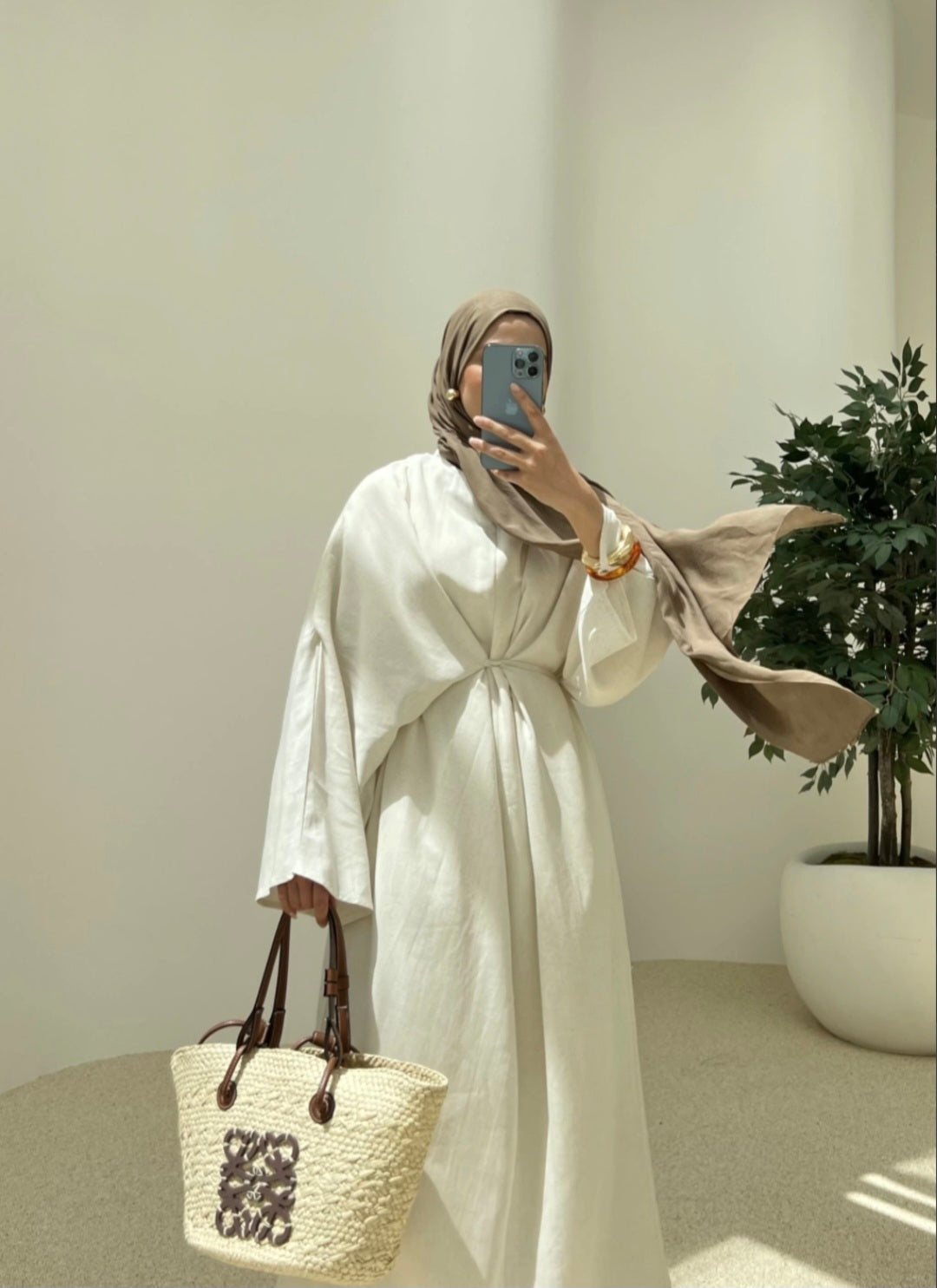 Wide sleeve belted linen dress