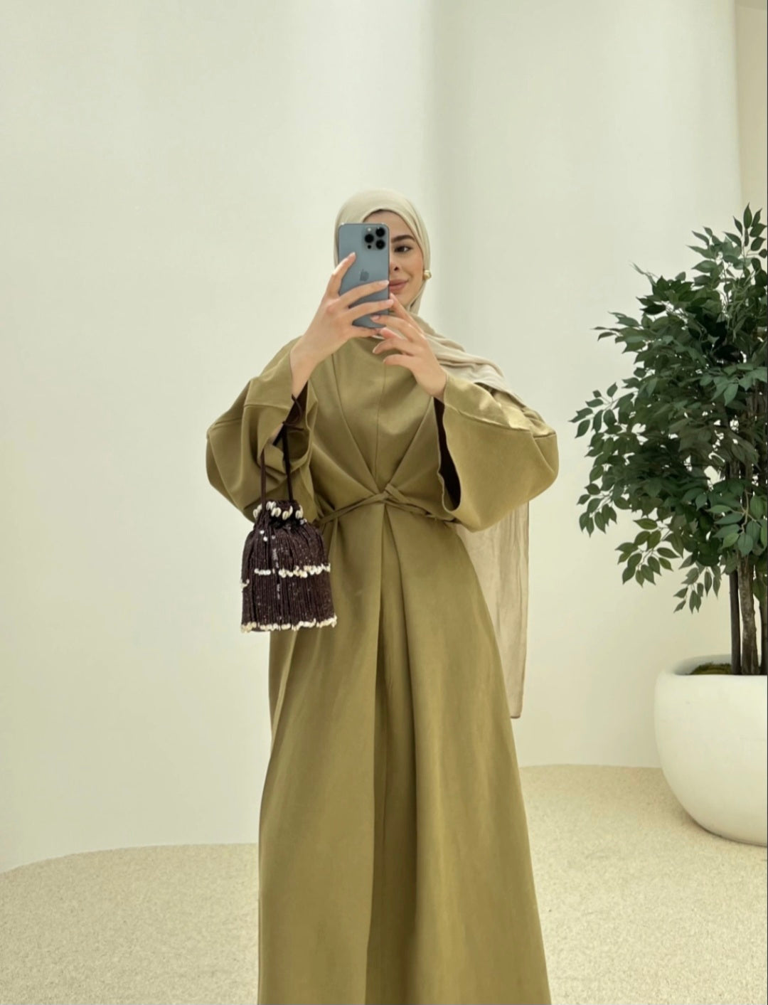 Wide sleeve belted linen dress