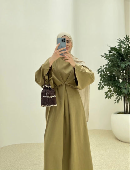 Wide sleeve belted linen dress
