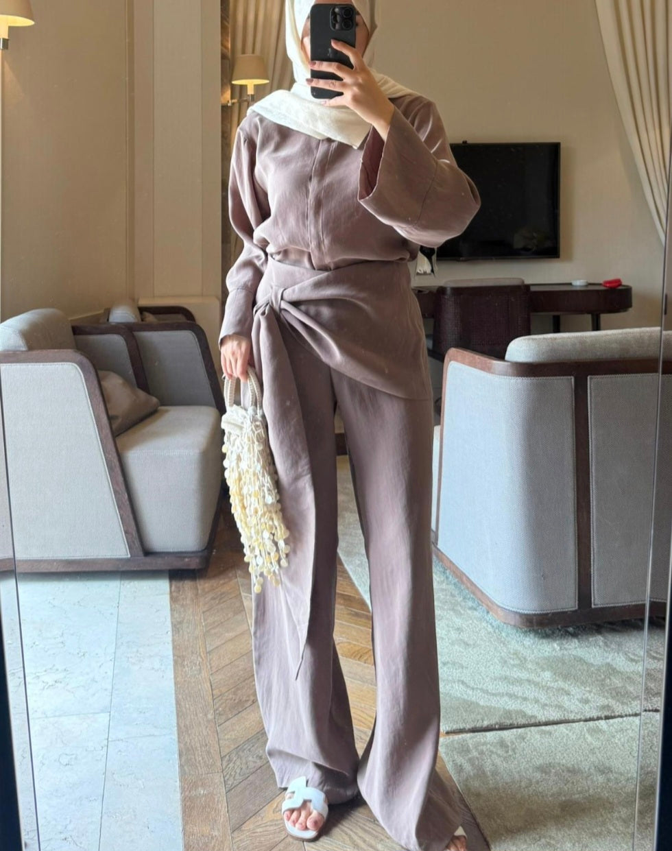 wide sleeve shirt, trouser with tied detail co-ord set