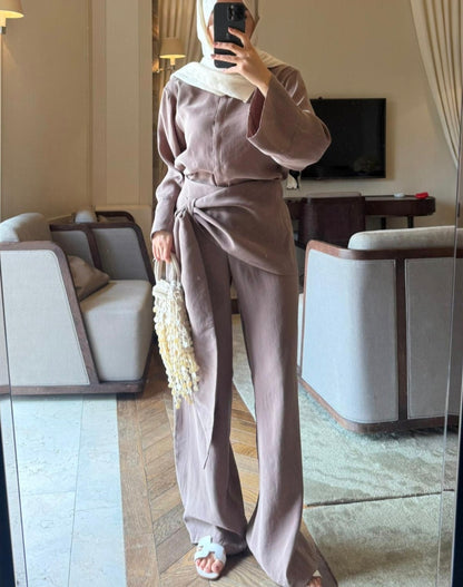 wide sleeve shirt, trouser with tied detail co-ord set